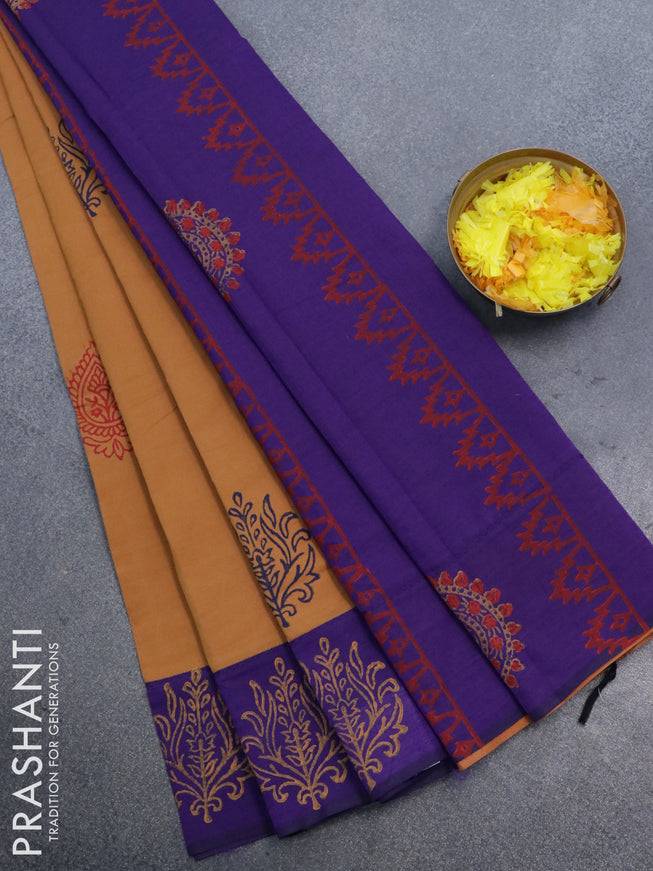 Poly cotton saree sandal and violet with hand block prints and printed border