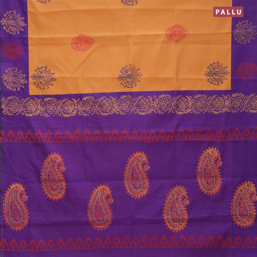 Poly cotton saree sandal and violet with hand block prints and printed border