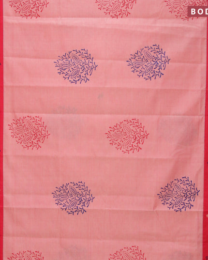 Poly cotton saree peach shade and red with hand block prints and printed border