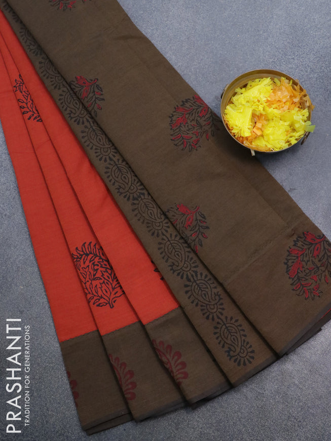 Poly cotton saree orange and brown shade with hand block prints and printed border