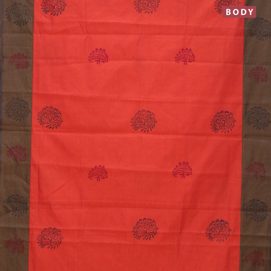 Poly cotton saree orange and brown shade with hand block prints and printed border