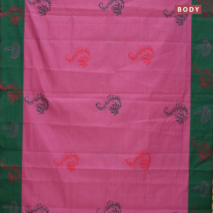 Poly cotton saree pink shade and green with hand block prints and printed border