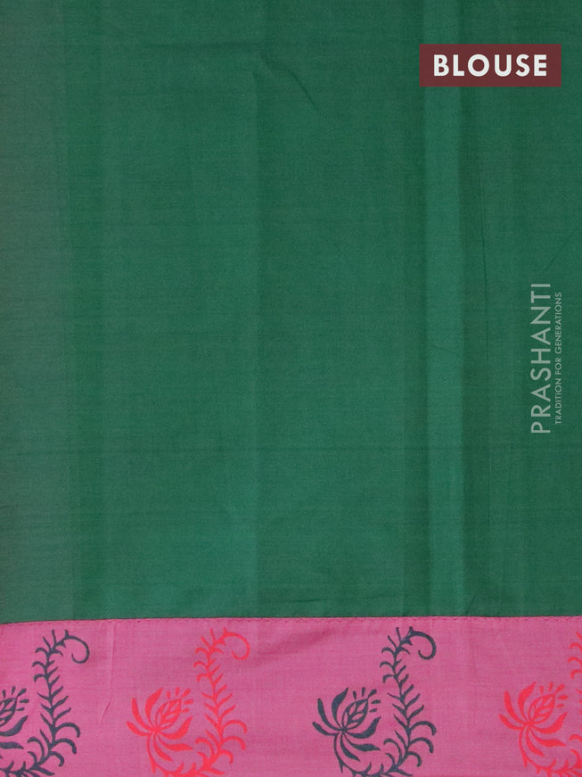 Poly cotton saree pink shade and green with hand block prints and printed border