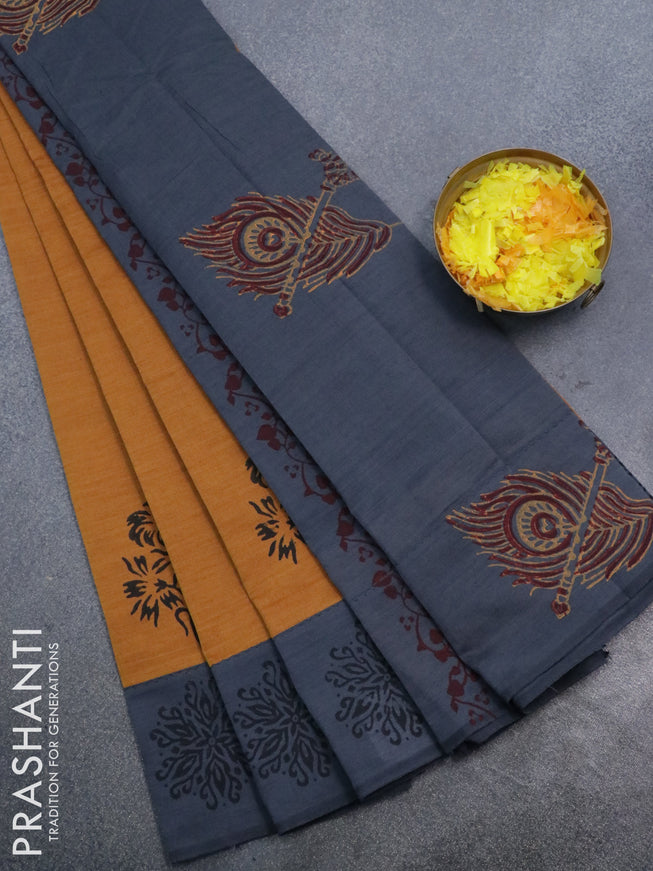 Poly cotton saree mustard yellow and grey with hand block prints and printed border