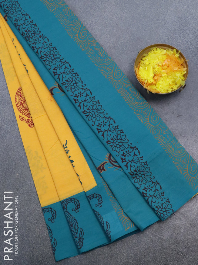 Poly cotton saree mango yellow and peacock blue with hand block prints and printed border