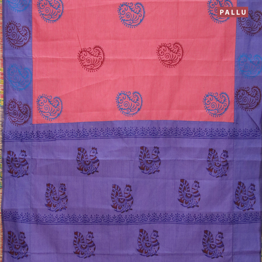 Poly cotton saree pink shade and violet with hand block prints and printed border