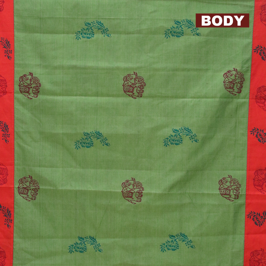Poly cotton saree green shade and reddish orange with hand block prints and printed border