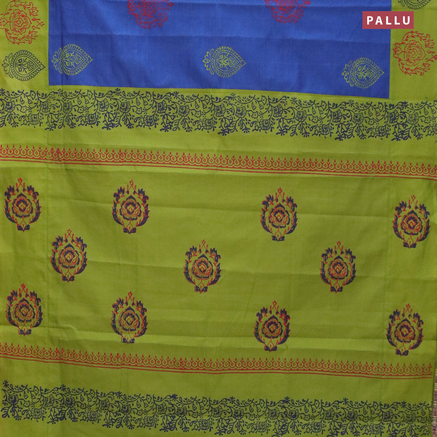 Poly cotton saree blue and green with hand block prints and printed border