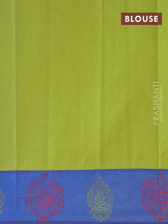 Poly cotton saree blue and green with hand block prints and printed border