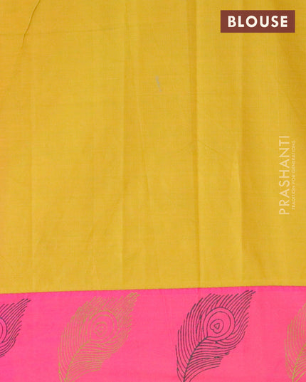 Poly cotton saree pink and mustard green shade with hand block prints and printed border