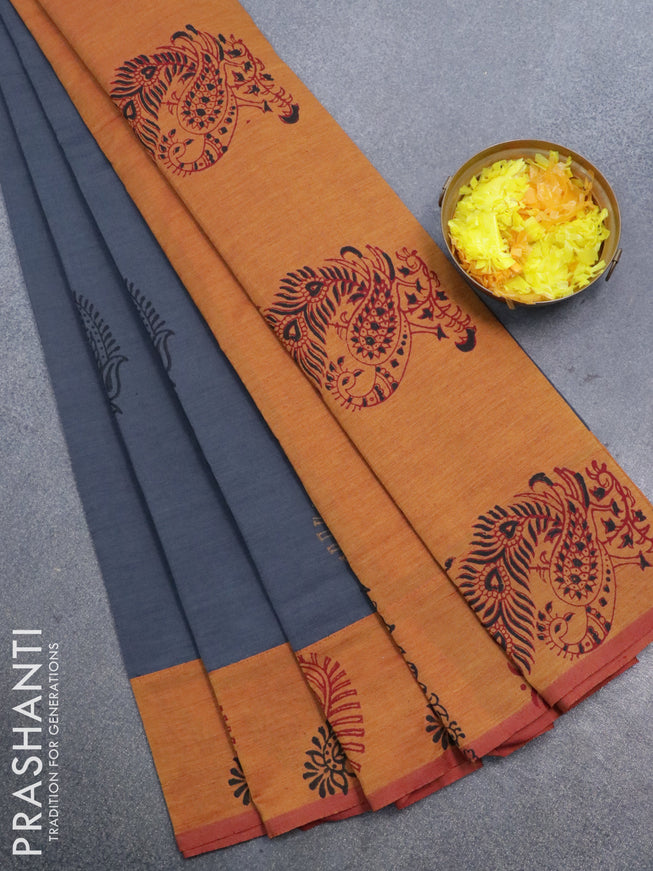 Poly cotton saree grey and dual shade of dark mustard with hand block prints and printed border