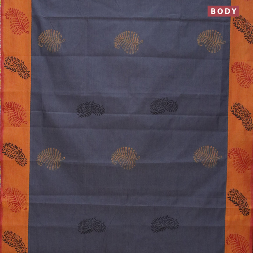 Poly cotton saree grey and dual shade of dark mustard with hand block prints and printed border