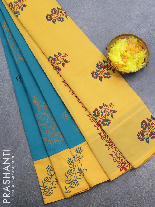 Poly cotton saree peacock green and yellow with hand block prints and printed border