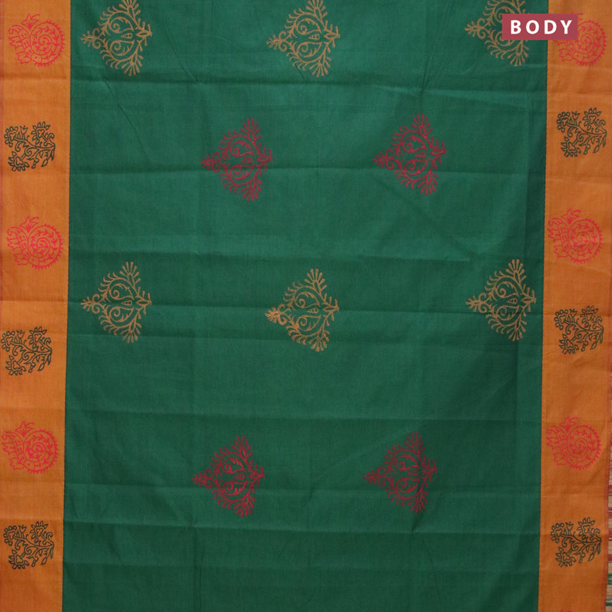 Poly cotton saree green and mustard yellow with hand block prints and printed border