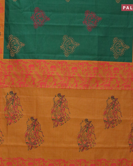 Poly cotton saree green and mustard yellow with hand block prints and printed border