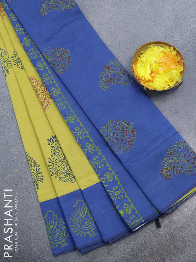 Poly cotton saree lime green and blue with hand block prints and printed border