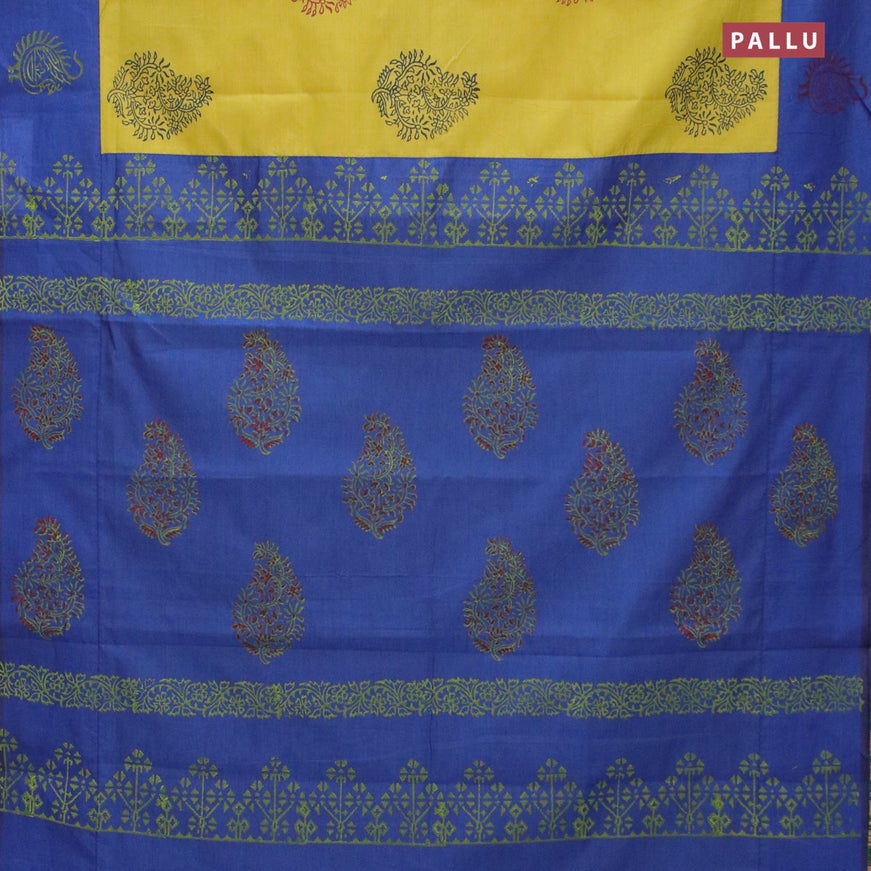 Poly cotton saree lime green and blue with hand block prints and printed border