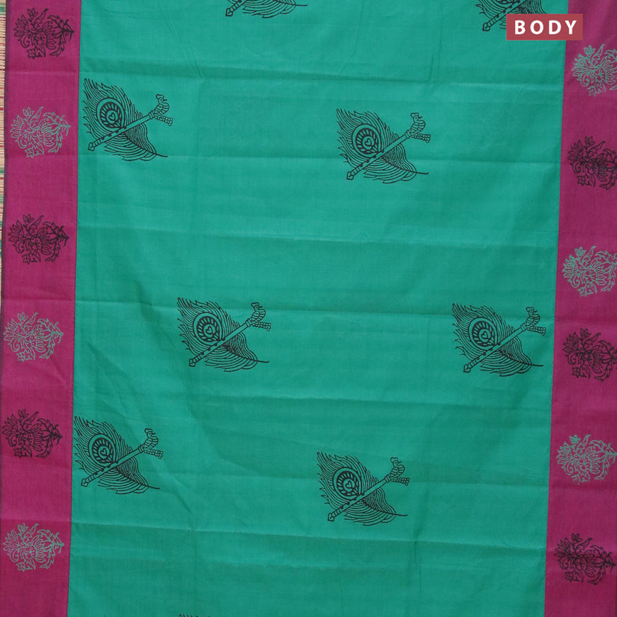 Poly cotton saree teal blue and purple with hand block prints and printed border