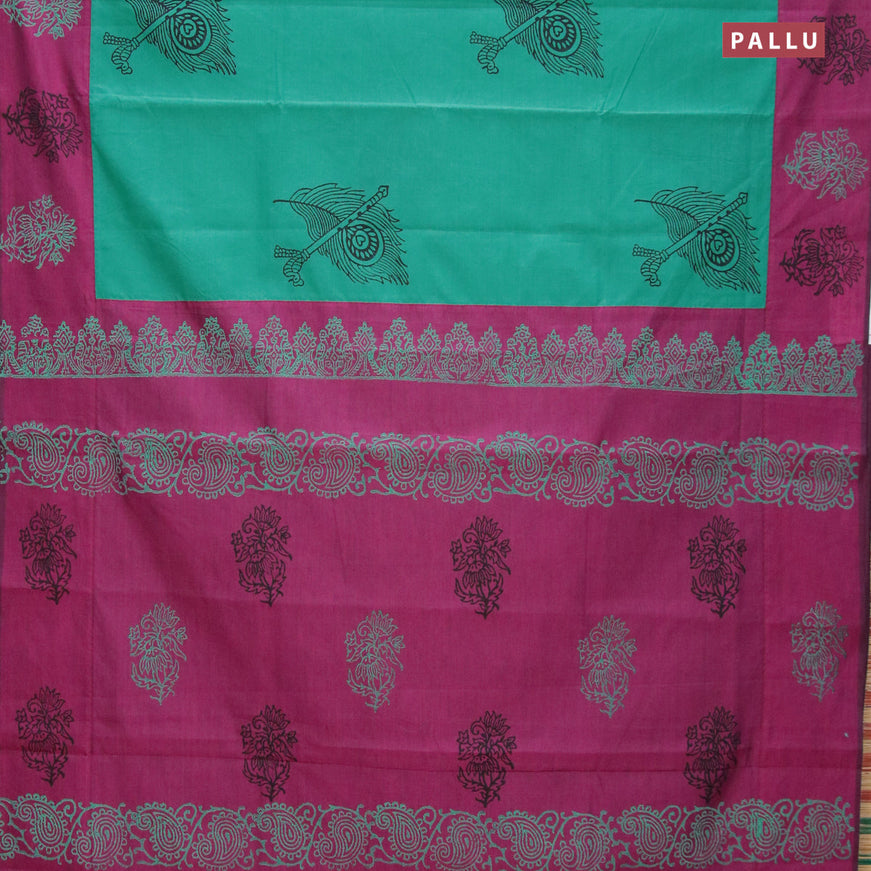 Poly cotton saree teal blue and purple with hand block prints and printed border