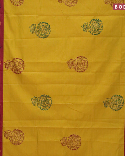 Poly cotton saree mustard shade and maroon with hand block prints and printed border