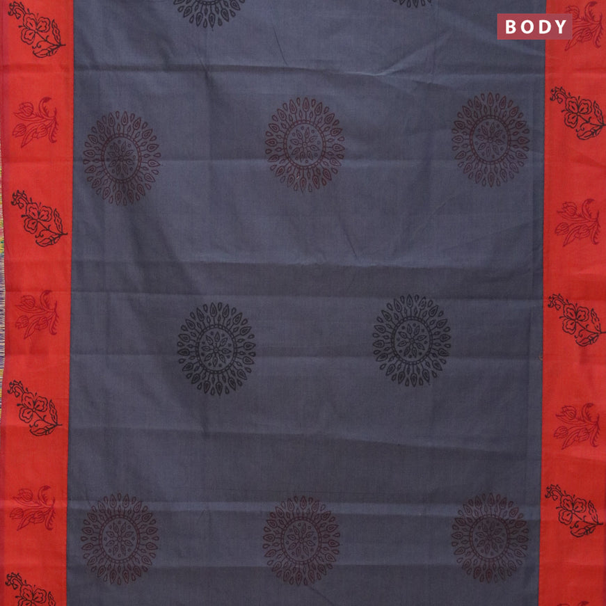 Poly cotton saree grey and rustic orange with hand block prints and printed border
