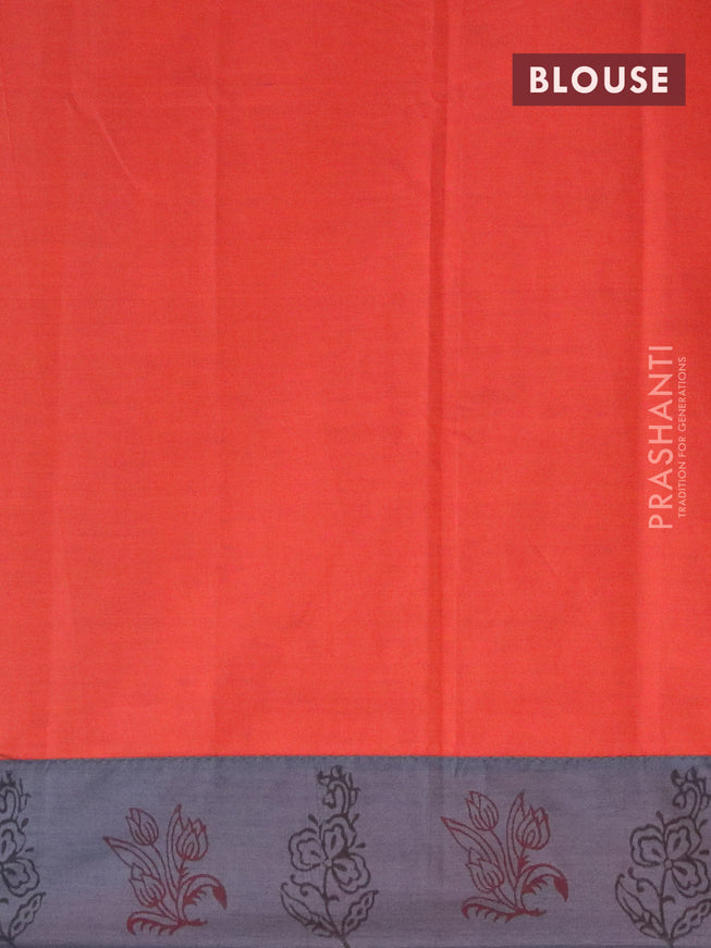 Poly cotton saree grey and rustic orange with hand block prints and printed border
