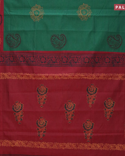 Poly cotton saree green and maroon with hand block prints and printed border
