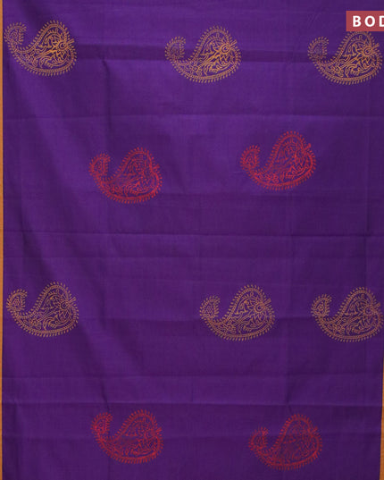 Poly cotton saree violet and dark mustard with hand block prints and printed border