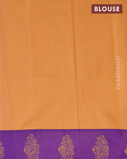 Poly cotton saree violet and dark mustard with hand block prints and printed border