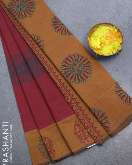Poly cotton saree maroon and dark mustard with hand block prints and printed border