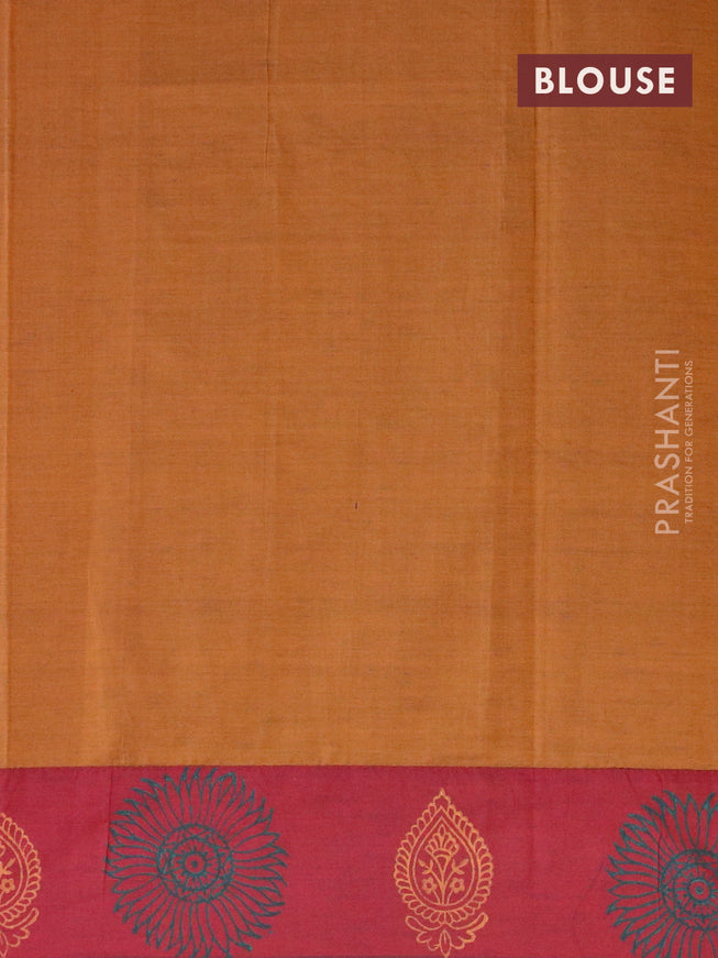 Poly cotton saree maroon and dark mustard with hand block prints and printed border