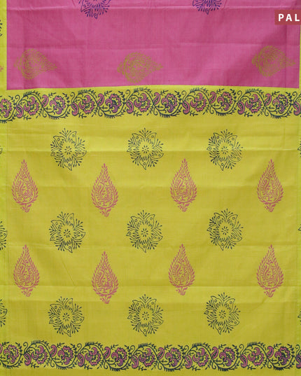 Poly cotton saree pink shade and fluorescent green with hand block prints and printed border