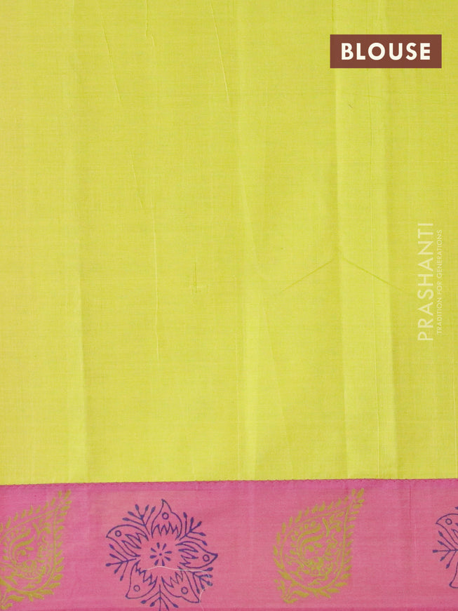 Poly cotton saree pink shade and fluorescent green with hand block prints and printed border