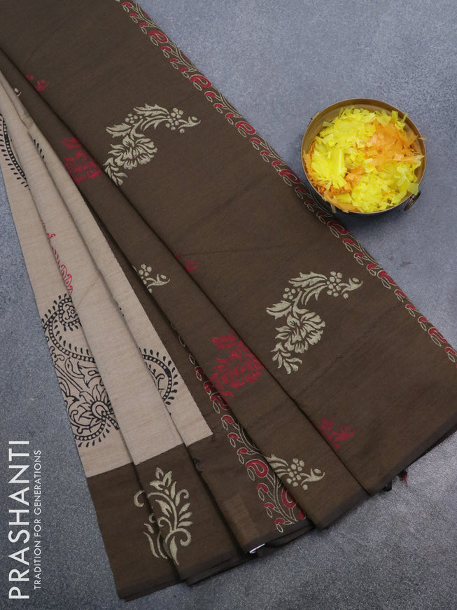 Poly cotton saree beige and brown with hand block prints and printed border