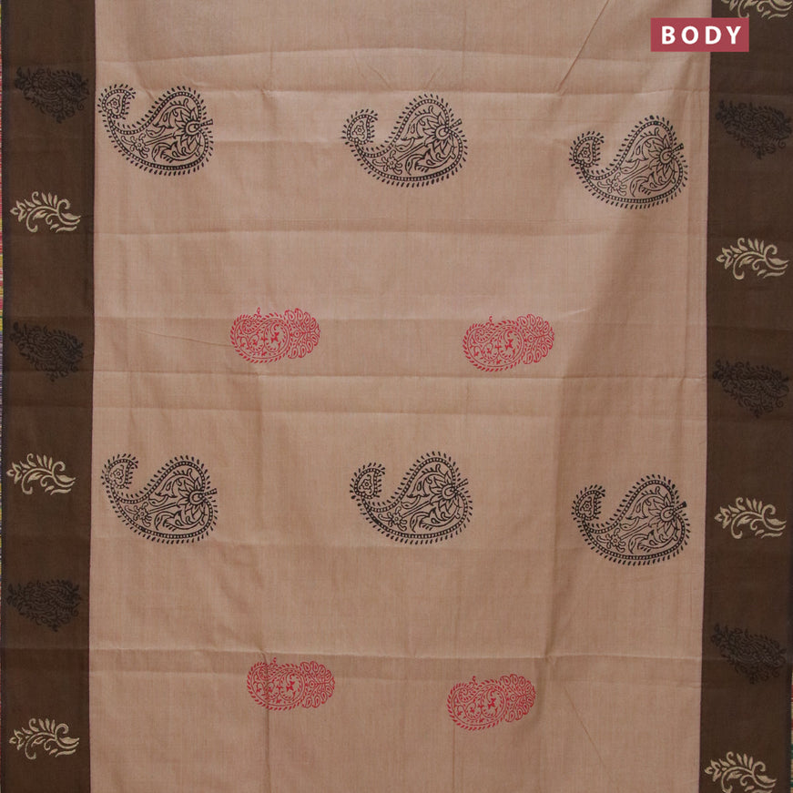 Poly cotton saree beige and brown with hand block prints and printed border