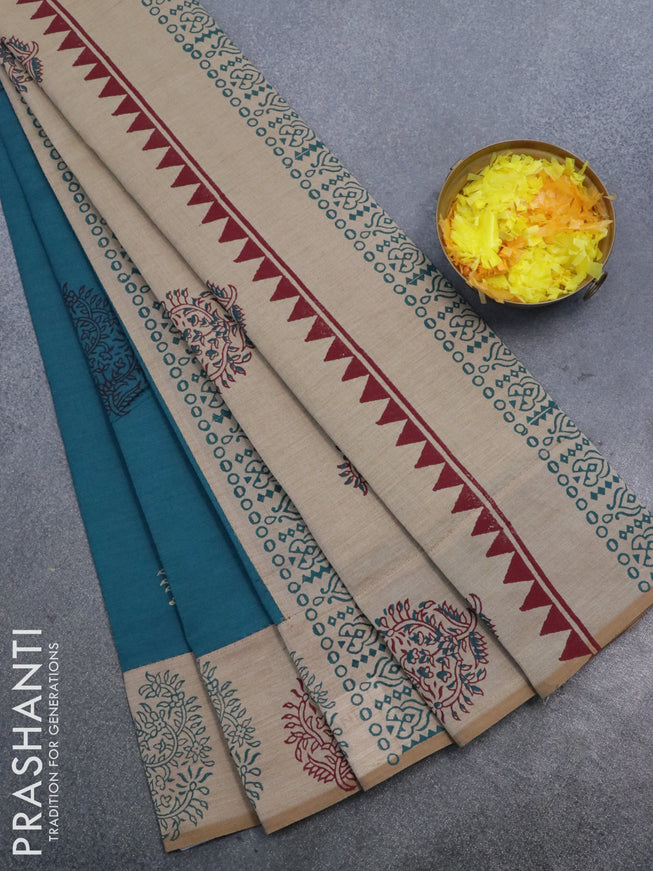 Poly cotton saree peacock blue and beige with hand block prints and printed border