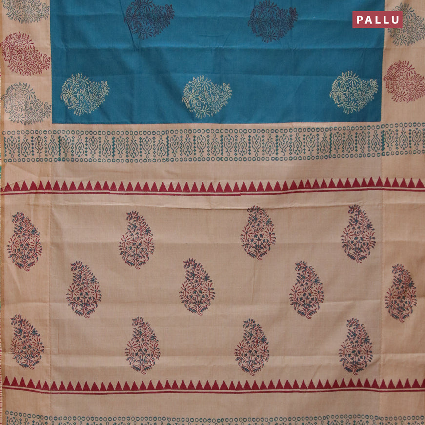 Poly cotton saree peacock blue and beige with hand block prints and printed border