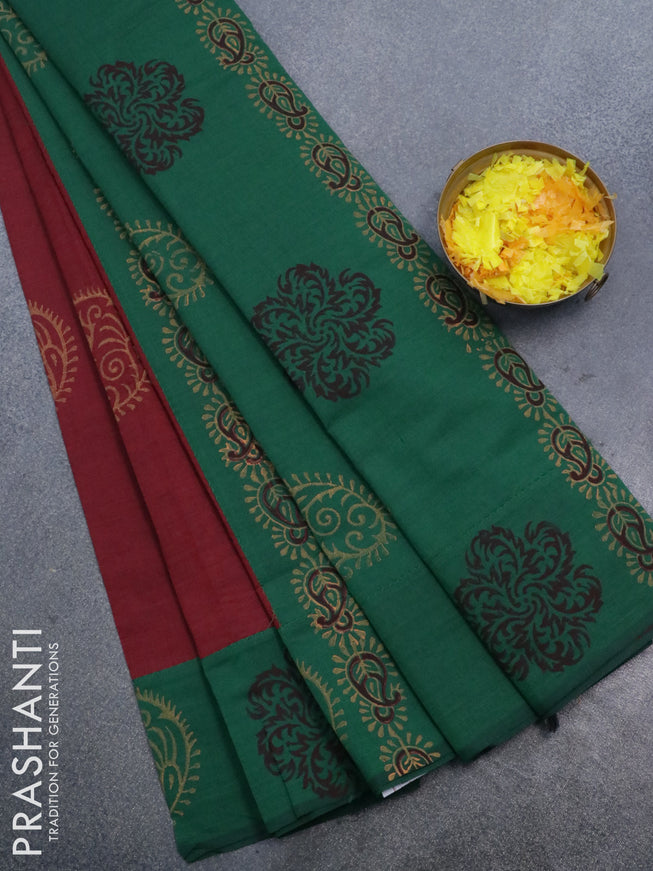 Poly cotton saree maroon and green with hand block prints and printed border