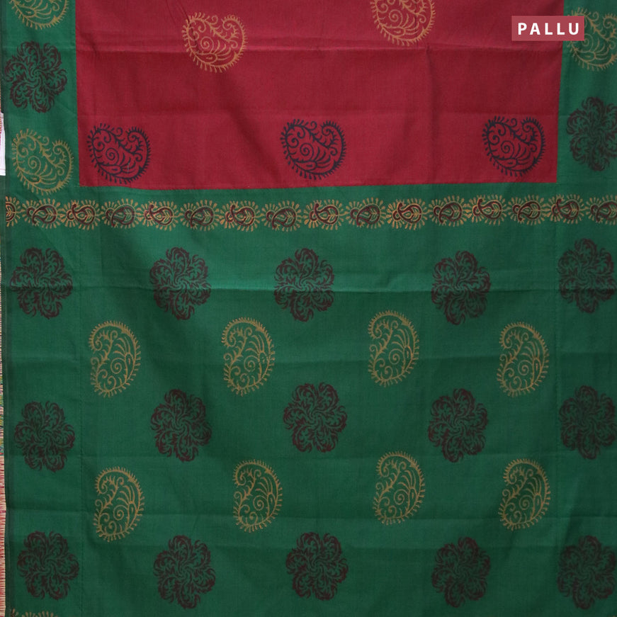 Poly cotton saree maroon and green with hand block prints and printed border