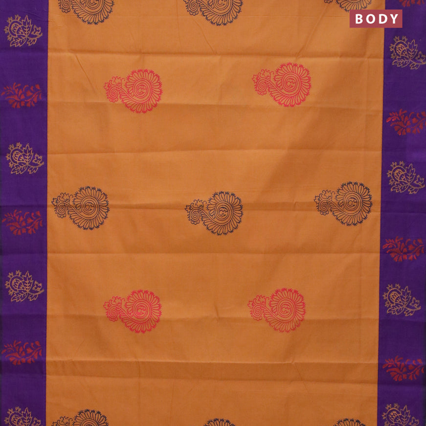 Poly cotton saree mustard shade and violet with hand block prints and printed border