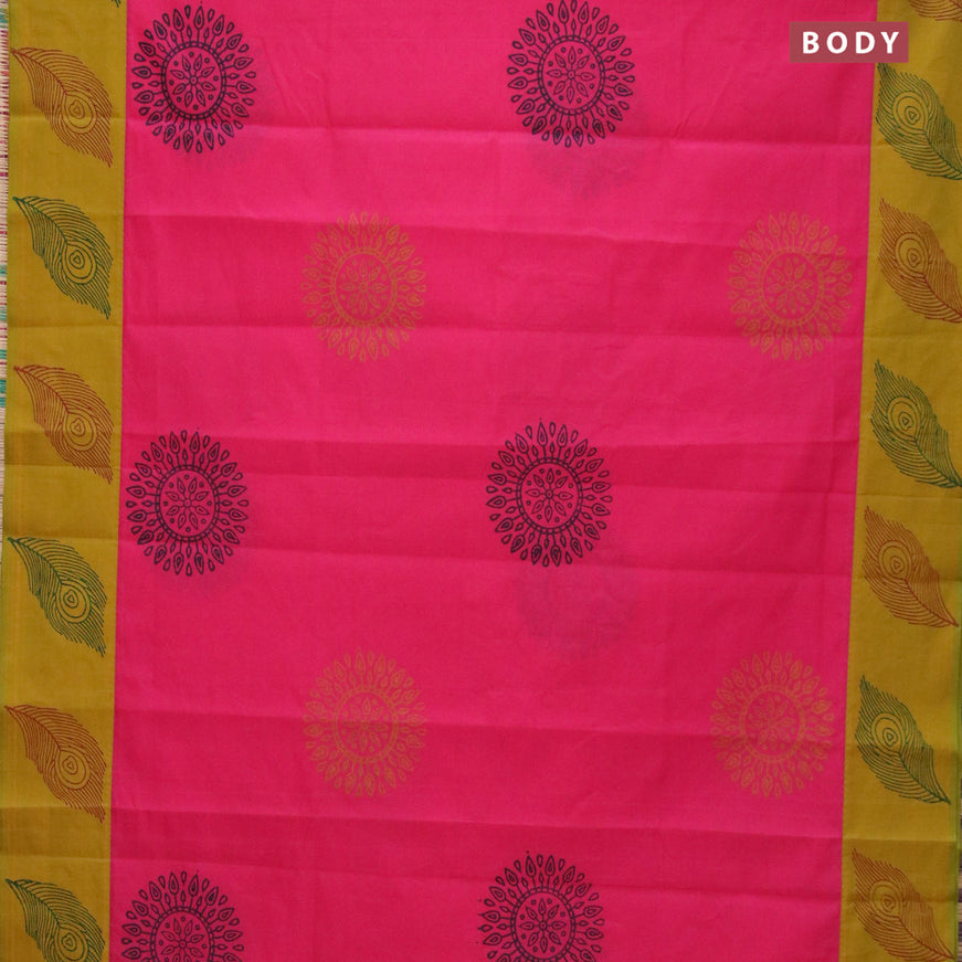 Poly cotton saree pink and mustard yellow with hand block prints and printed border