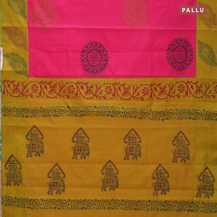 Poly cotton saree pink and mustard yellow with hand block prints and printed border