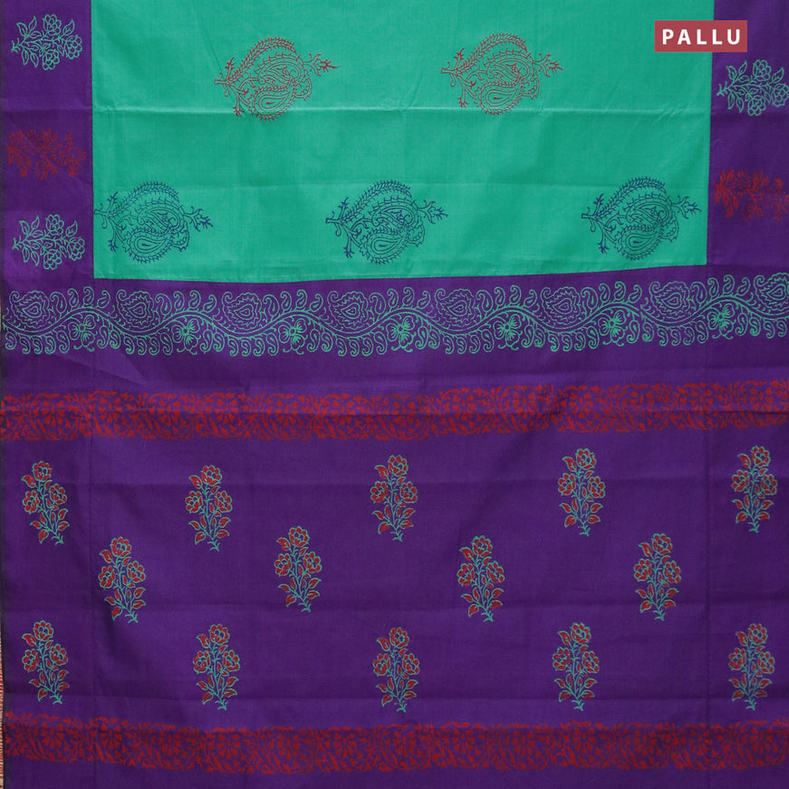 Poly cotton saree teal green and violet with hand block prints and printed border