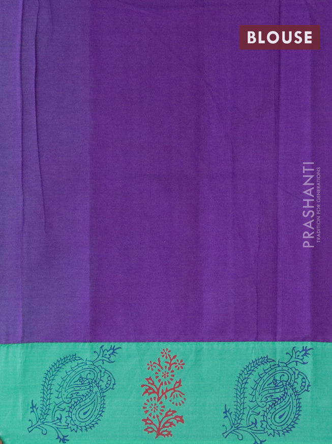 Poly cotton saree teal green and violet with hand block prints and printed border