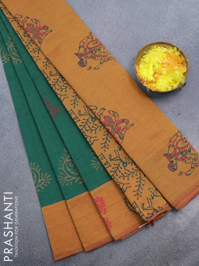 Poly cotton saree green and dark mustard with hand block prints and printed border