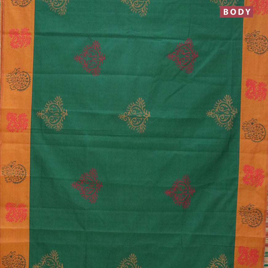 Poly cotton saree green and dark mustard with hand block prints and printed border