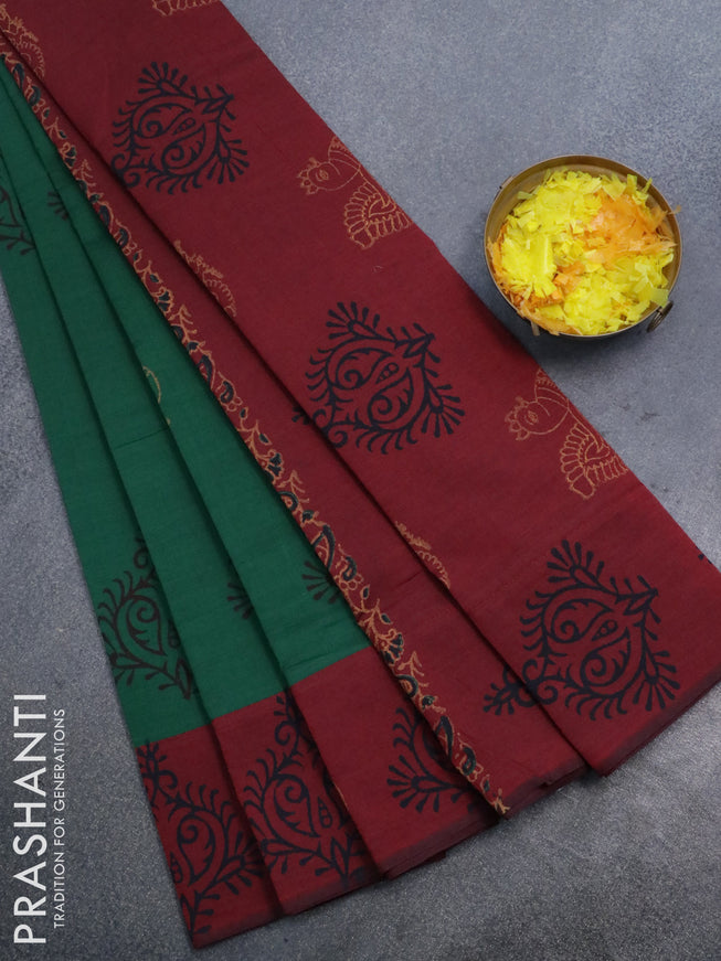 Poly cotton saree green and maroon with hand block prints and printed border
