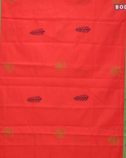 Poly cotton saree dual shade of orange and green shade with hand block prints and printed border