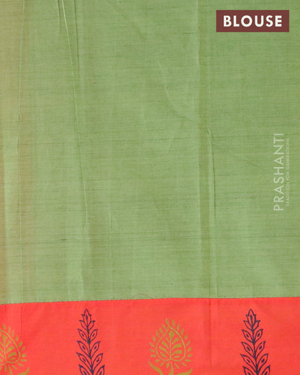 Poly cotton saree dual shade of orange and green shade with hand block prints and printed border