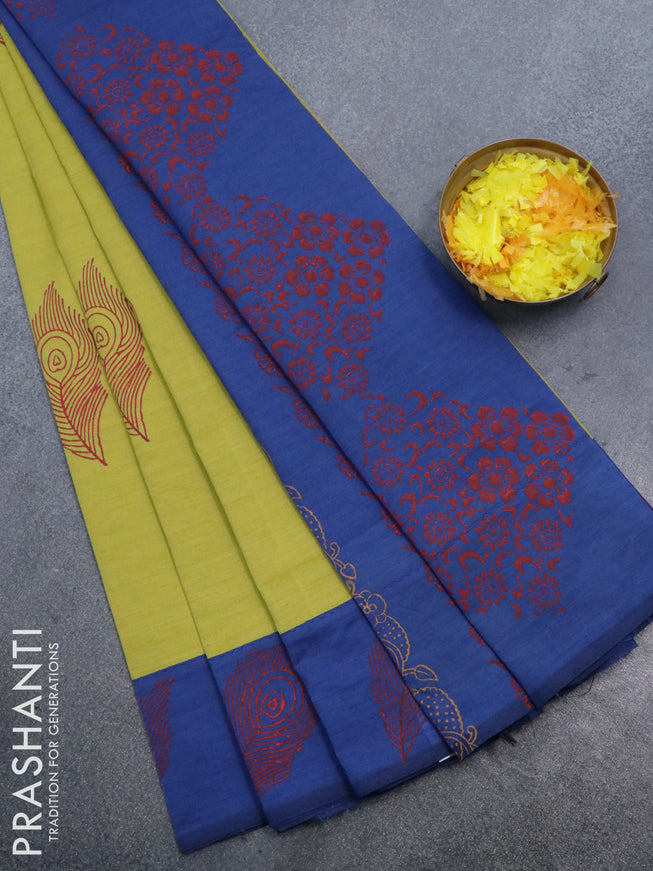 Poly cotton saree mustard yellow and blue with hand block prints and printed border